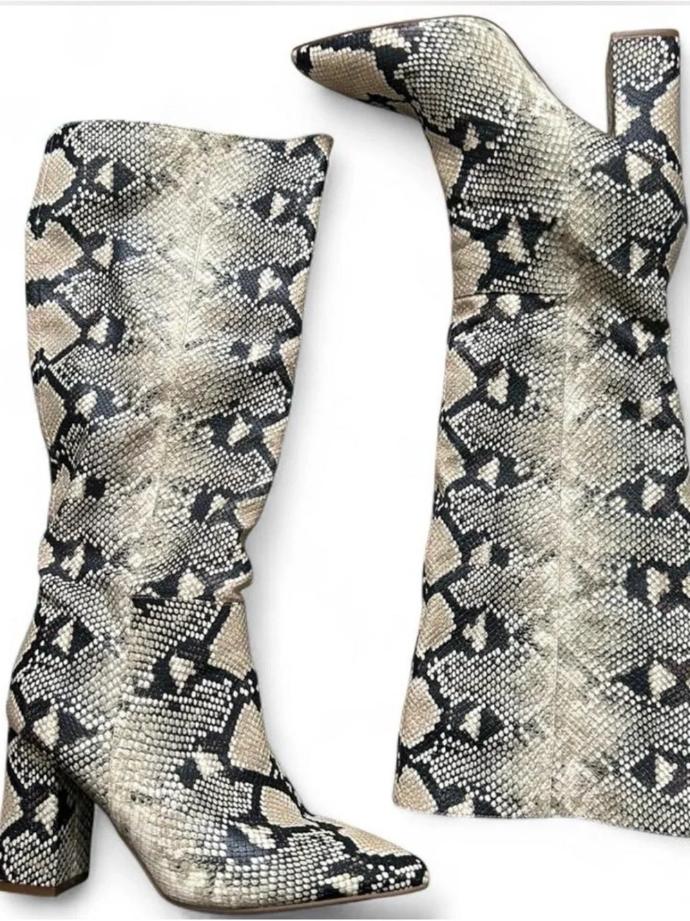 Python-Pattern Knee High Boots - Black & Tan - Picture 2 of 3